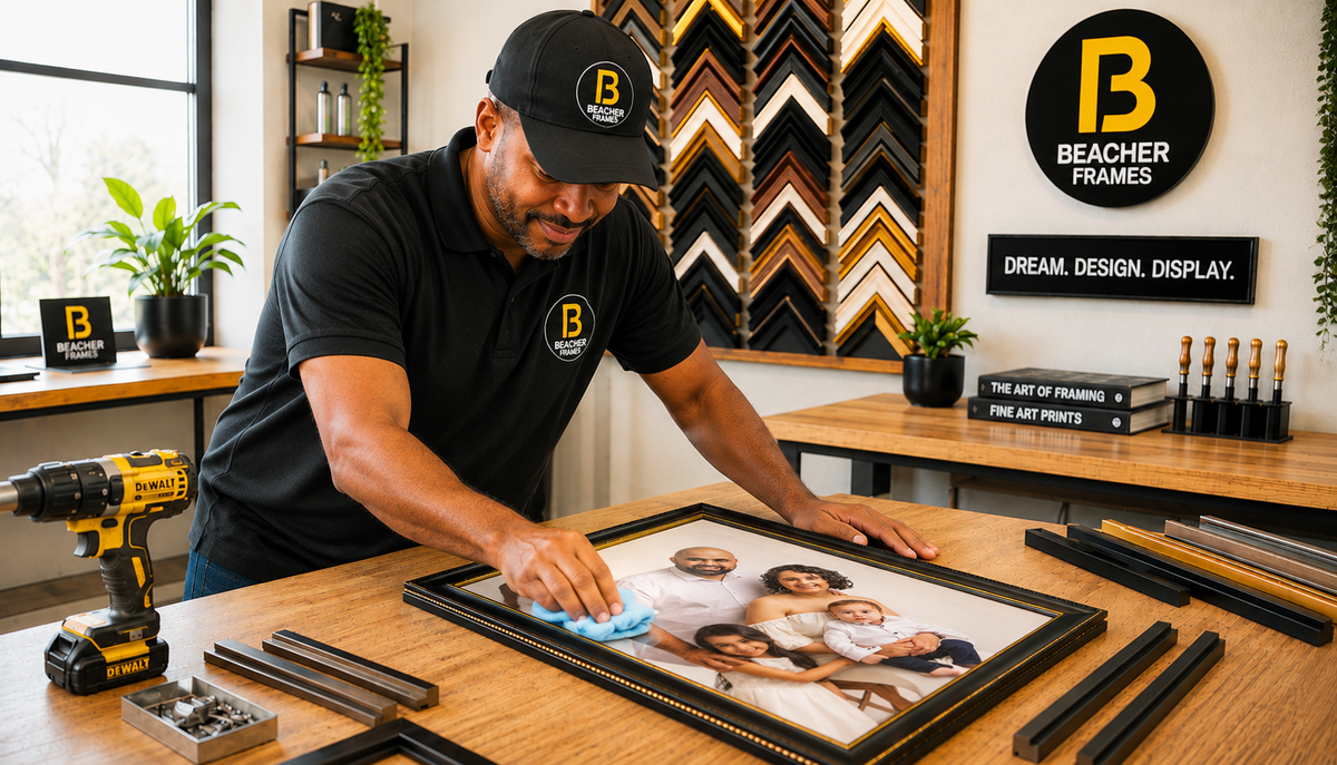 Beacher Frames custom framer finishing a black and gold framed family portrait
