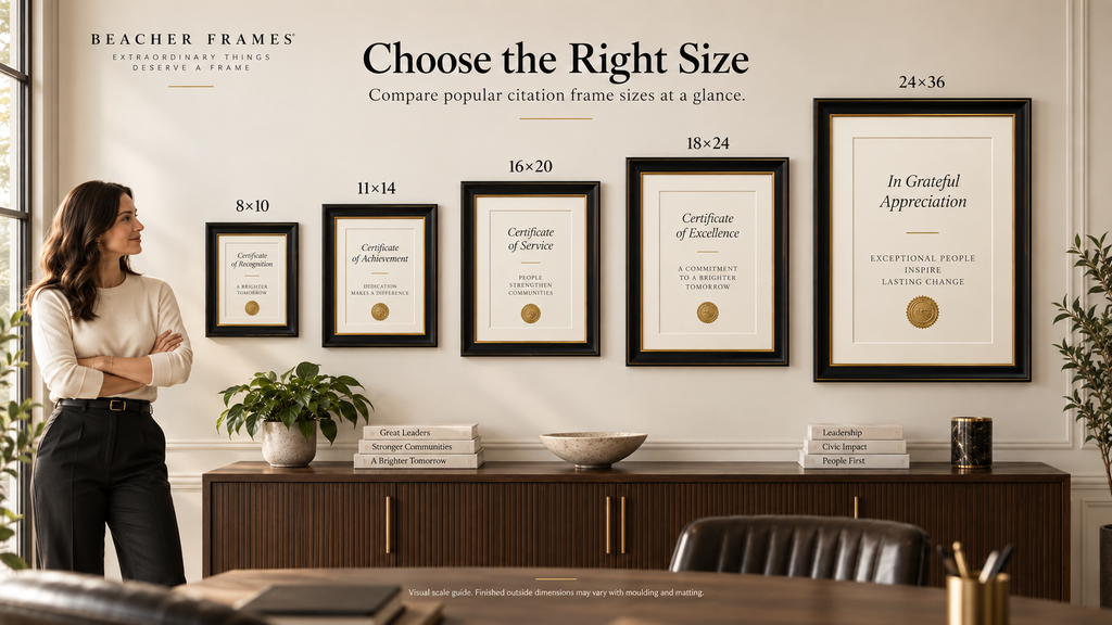 Beacher Frames citation and certificate frame size guide with person for scale