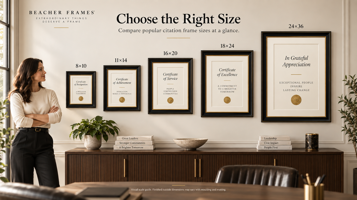 Beacher Frames citation and certificate frame size guide with person for scale