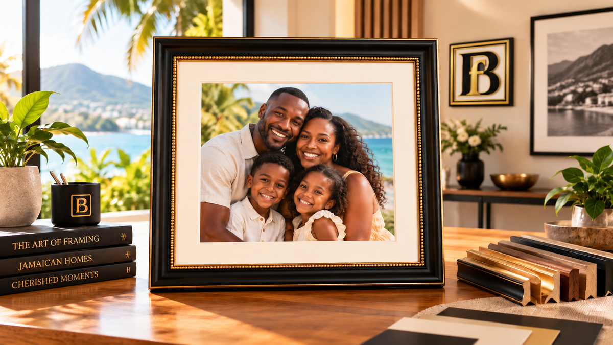 Beacher Frames signature black and gold custom framed family portrait