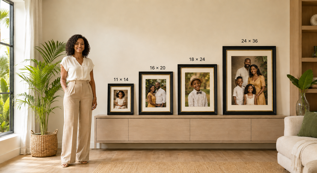 Beacher Frames memorial frame size guide with person for scale