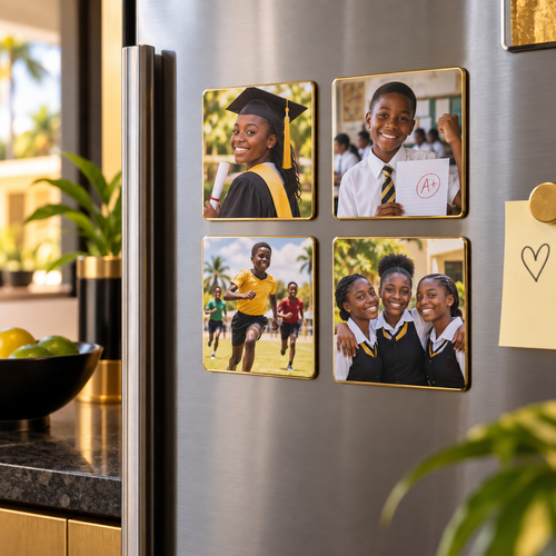 School memory photo magnets featuring graduation, achievement, sports and classmates