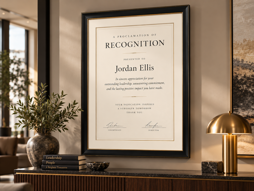 Large 24 by 36 recognition and proclamation frame in premium Beacher Frames black and gold style
