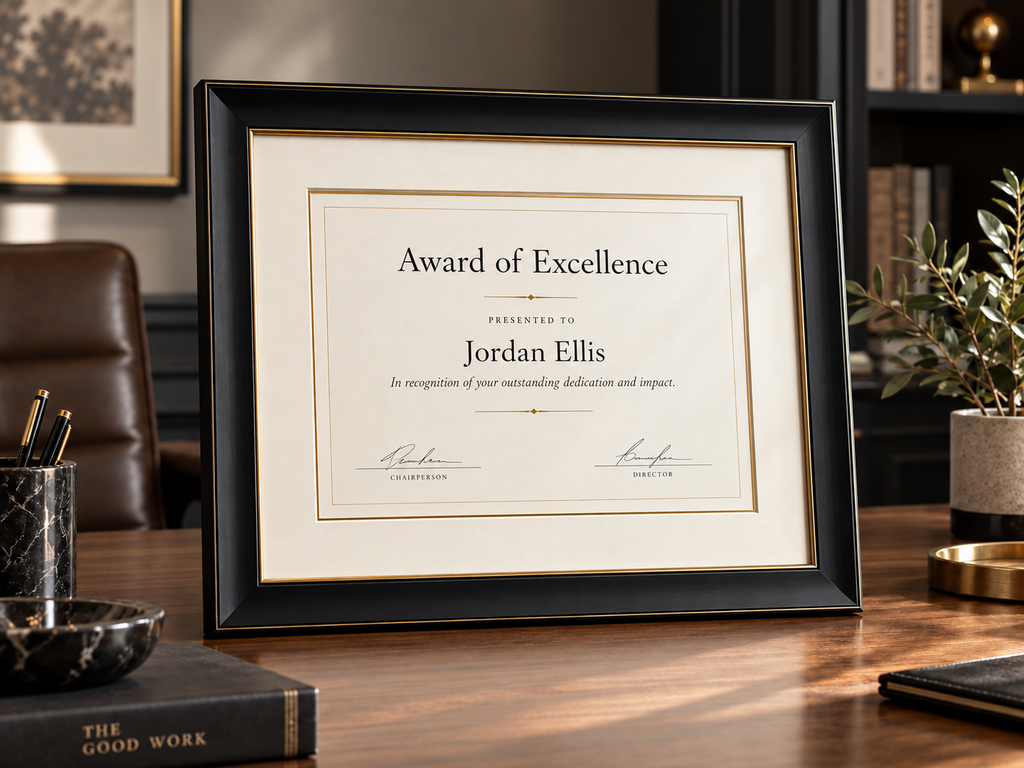Professional award and citation framing in a premium executive office setting