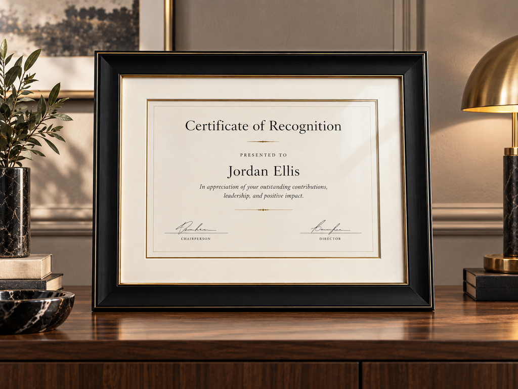 Premium Beacher Frames citation and certificate framing in signature black and gold frame