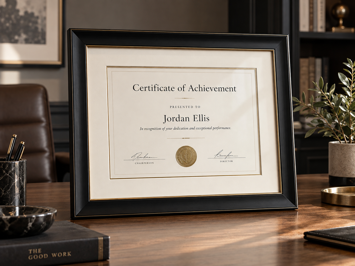 Premium matted certificate framing sample in Beacher Frames black and gold style
