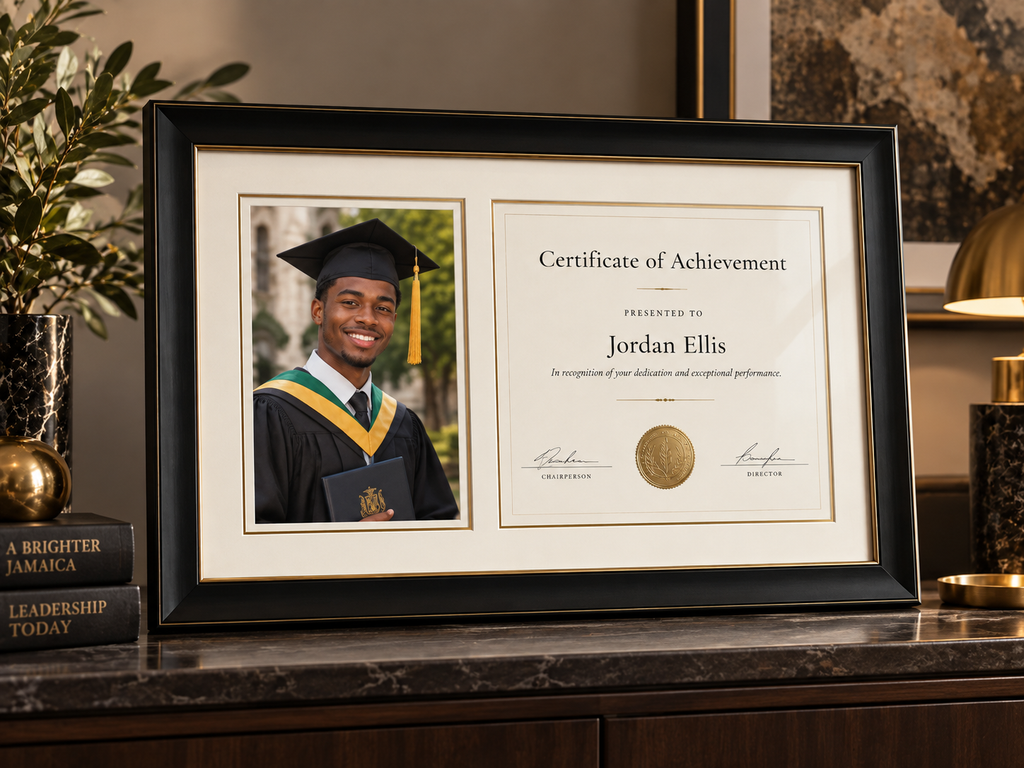 Citation and graduation portrait combination frame in Beacher Frames signature black and gold finish