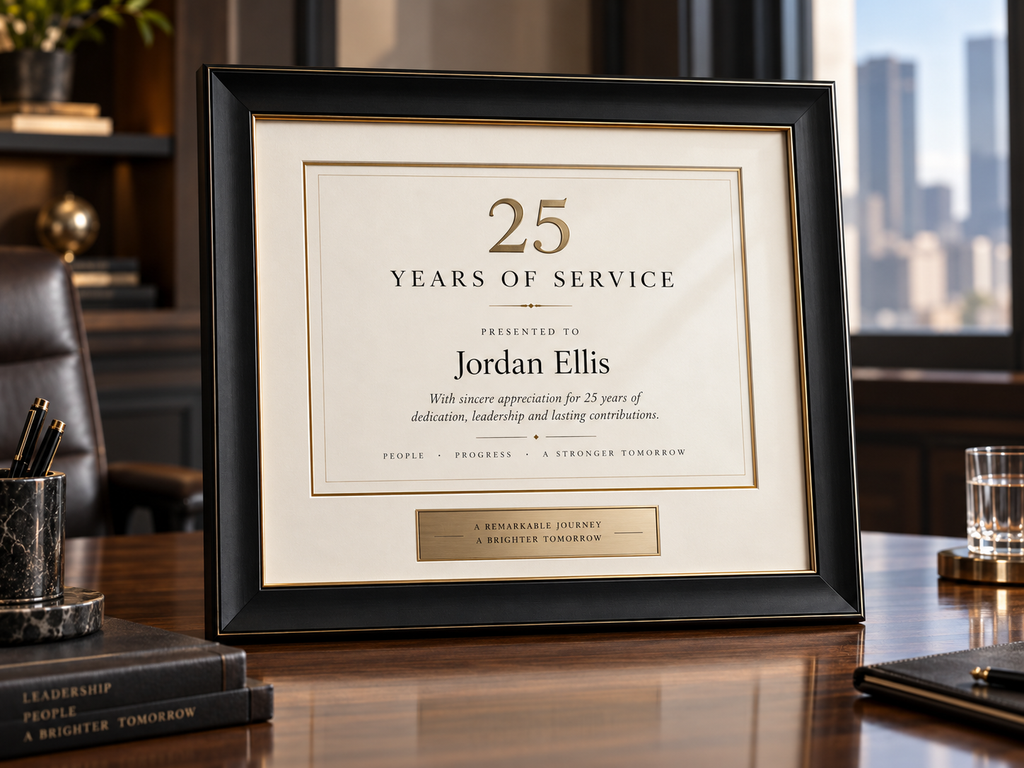 Executive years of service recognition frame with premium black and gold moulding