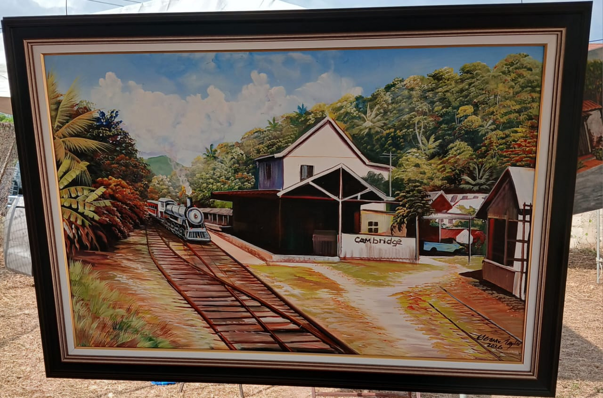 Cambridge Railway Station original framed painting by Jerome Taylor, 24 x 36 inch canvas