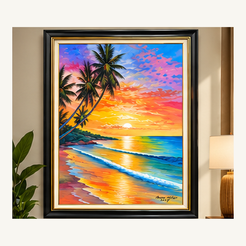 Caribbean Sunset framed painting shown in a styled interior visualization