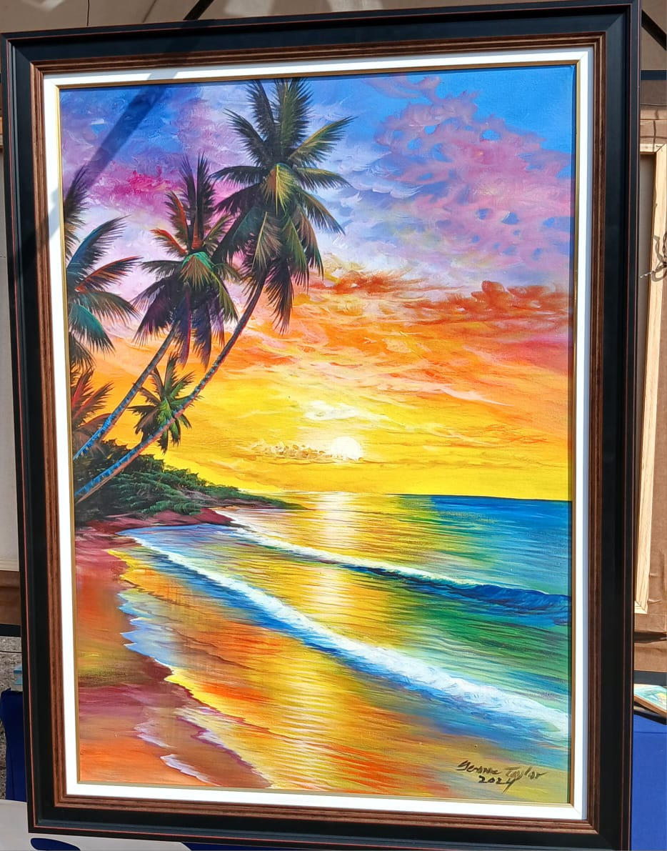 Caribbean Sunset original framed painting by Jerome Taylor, 24 x 36 inch canvas