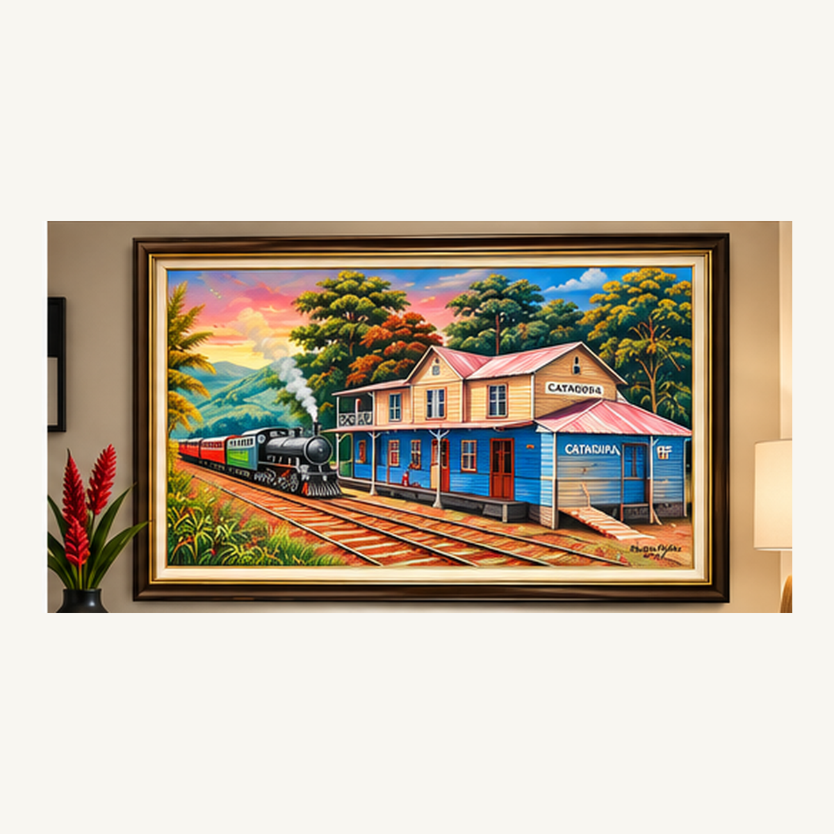 Catadupa Railway framed painting shown in a styled interior visualization
