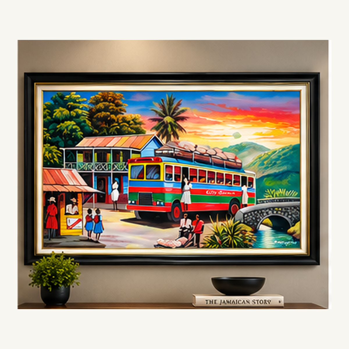 Country Bus framed painting shown in a styled interior visualization