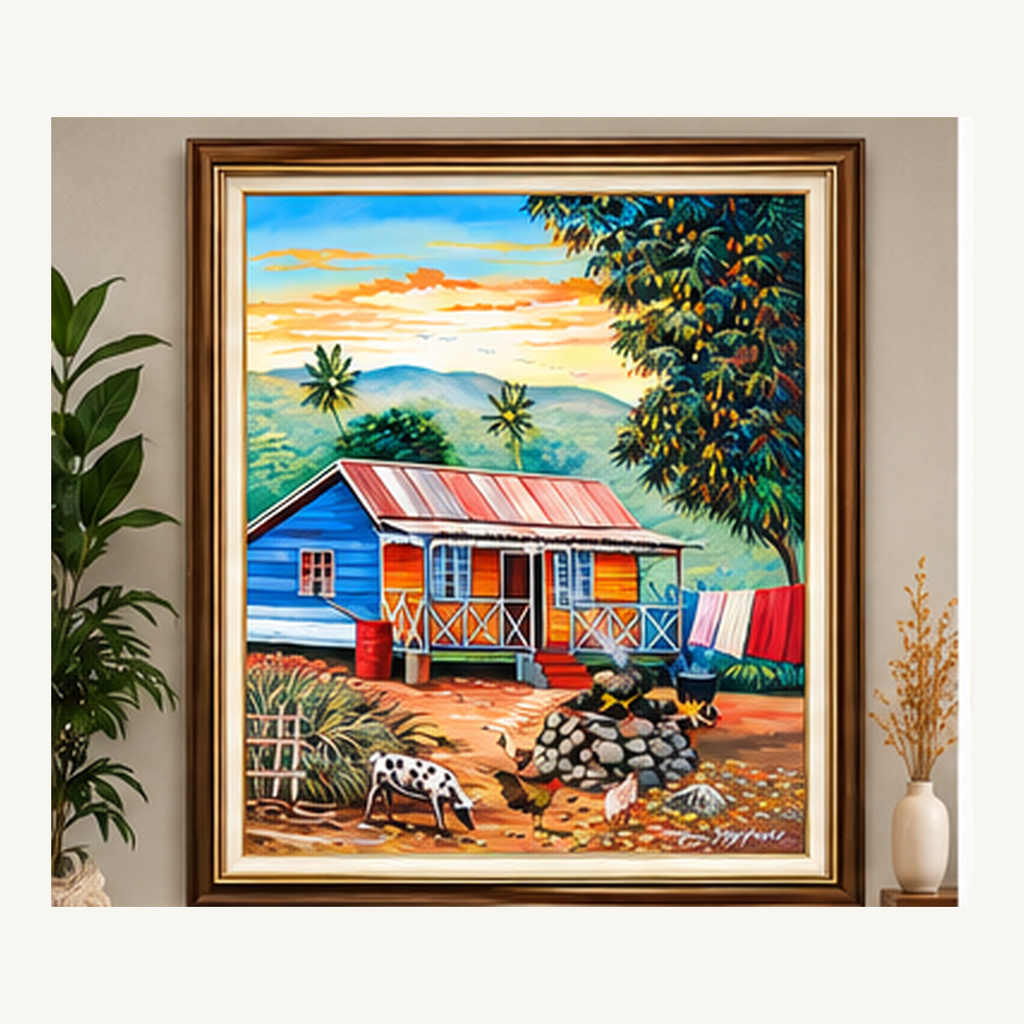 Country Yard framed painting shown in a styled interior visualization