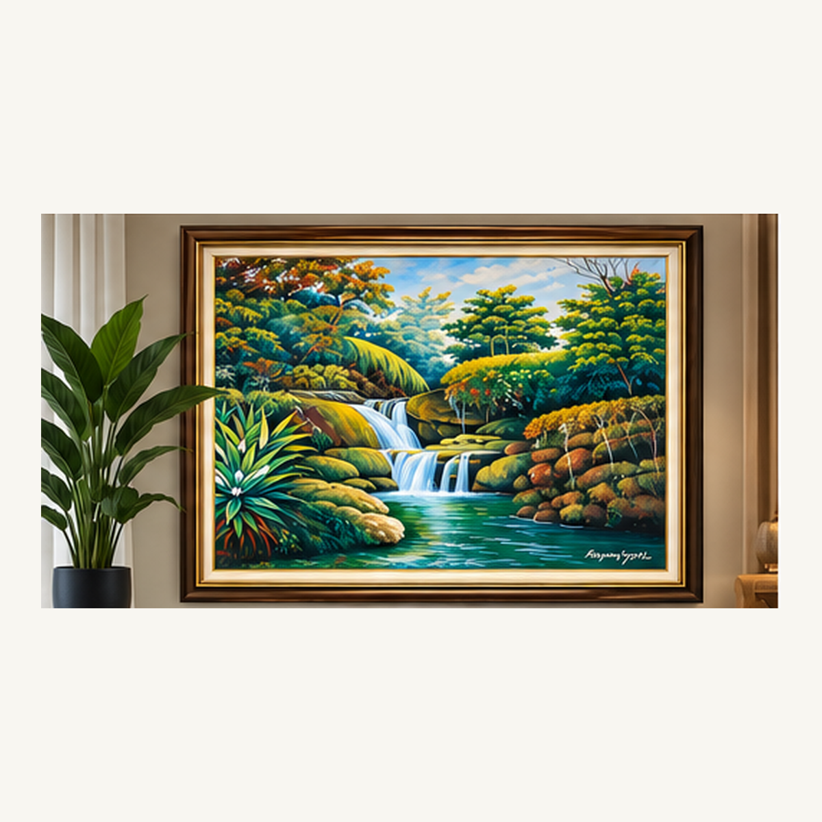 Tropical Falls framed painting shown in a styled interior visualization
