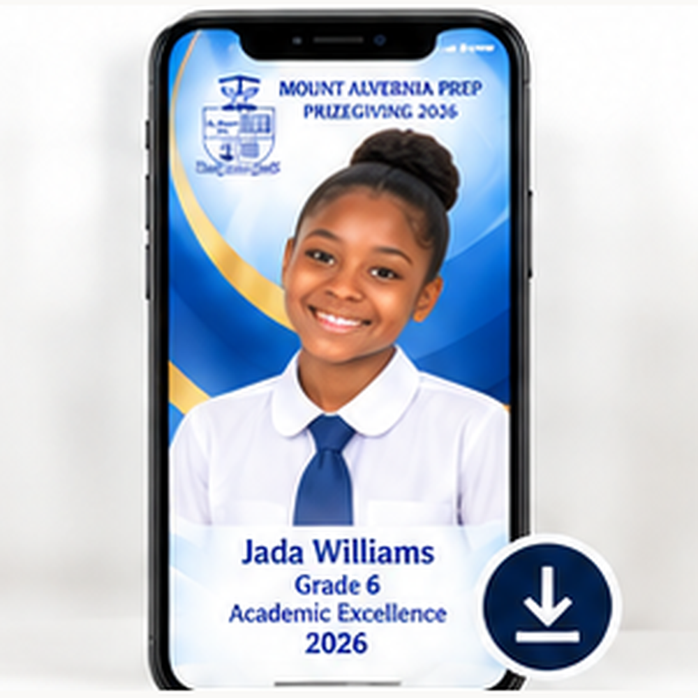 Mount Alvernia Prep Prizegiving 2026 digital achievement photo in the blue and white school uniform