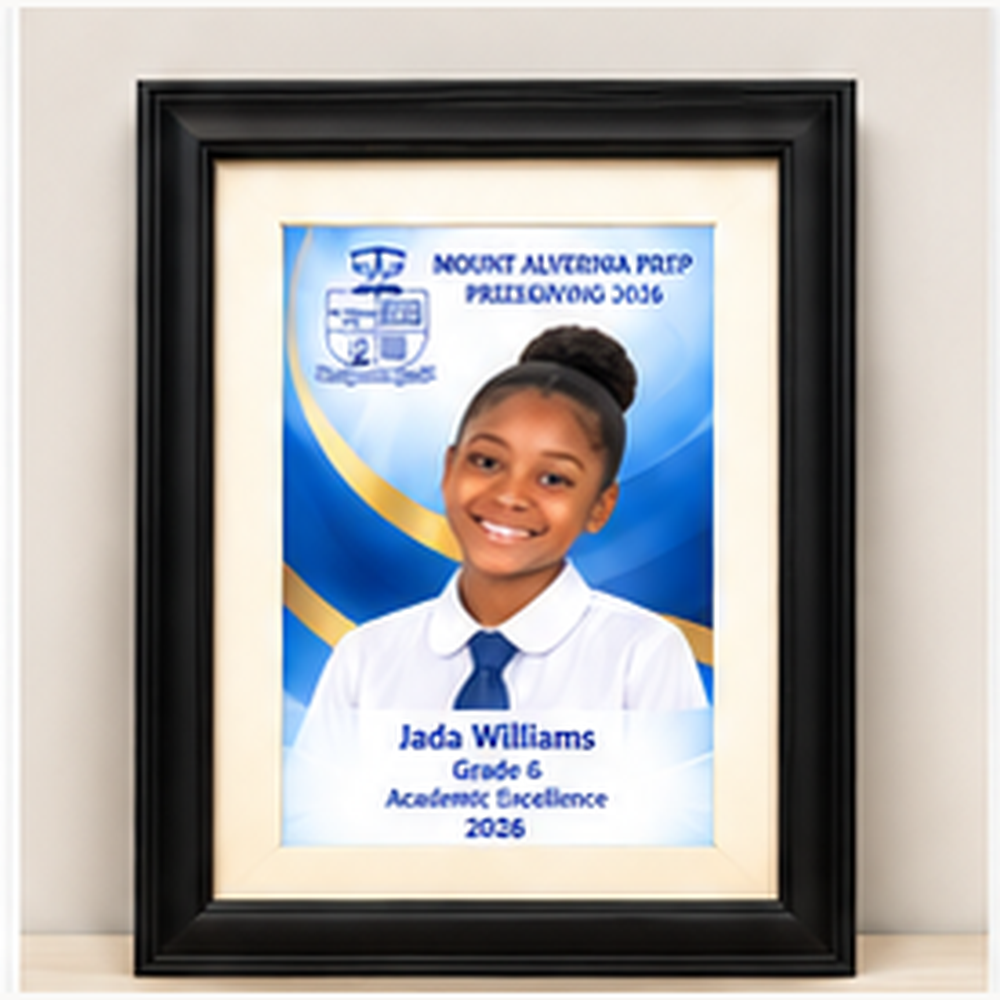 Mount Alvernia Prep Prizegiving 2026 framed 5 by 7 achievement portrait in the blue and white school uniform