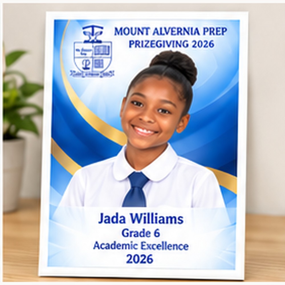 Mount Alvernia Prep Prizegiving 2026 premium 8 by 10 achievement print in the blue and white school uniform