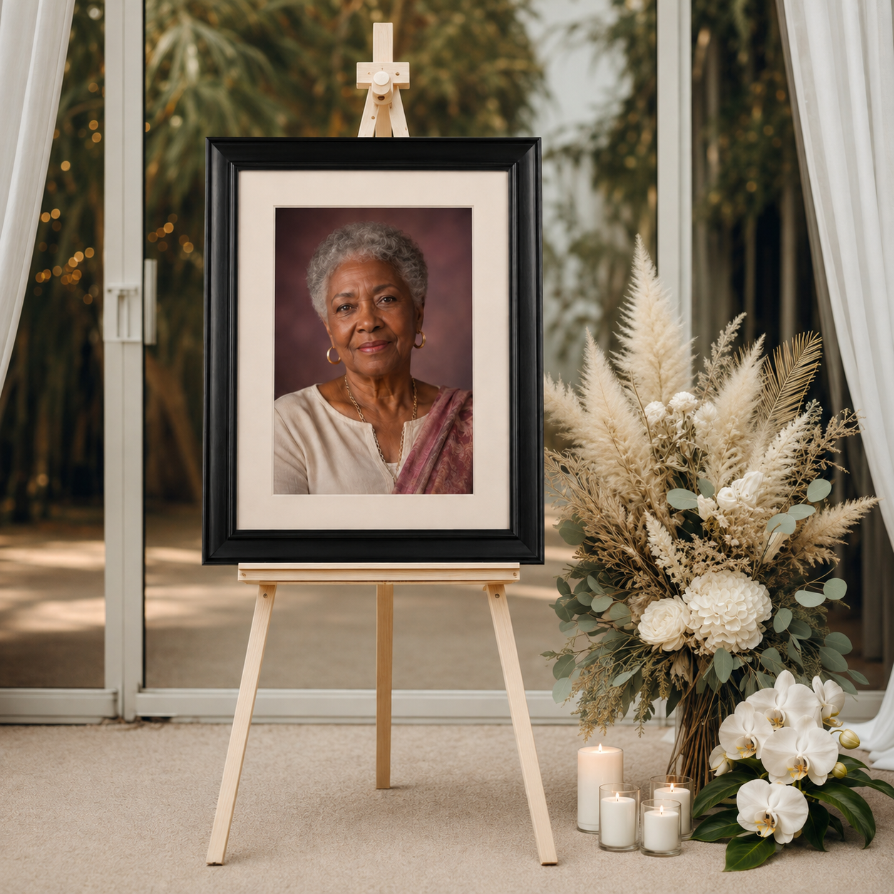 Cream-matted memorial portrait in a black frame displayed on a light wooden easel
